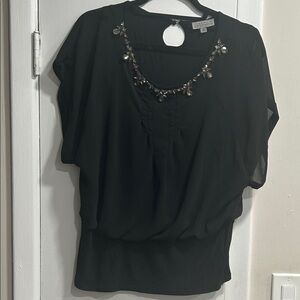 Black Jewel Neck Line Blouse with Mesh Overlayer - Joseph A size Medium